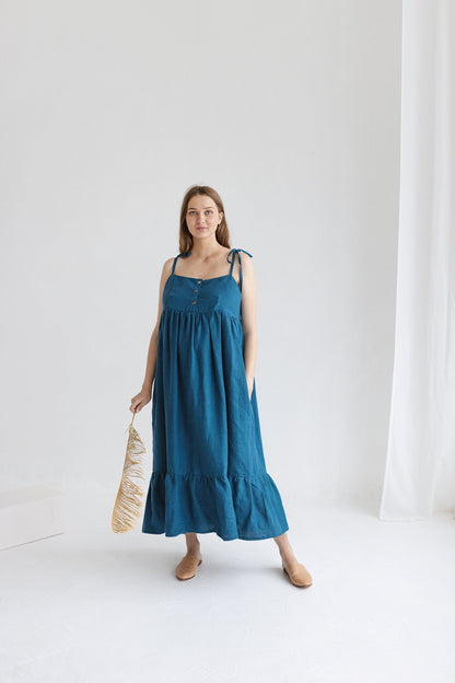 Dark Teal Linen Maternity Dress