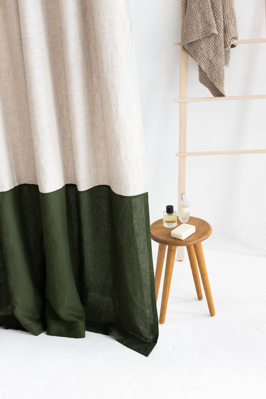 Waterproof Natural Light and Dark green Linen Shower Curtain