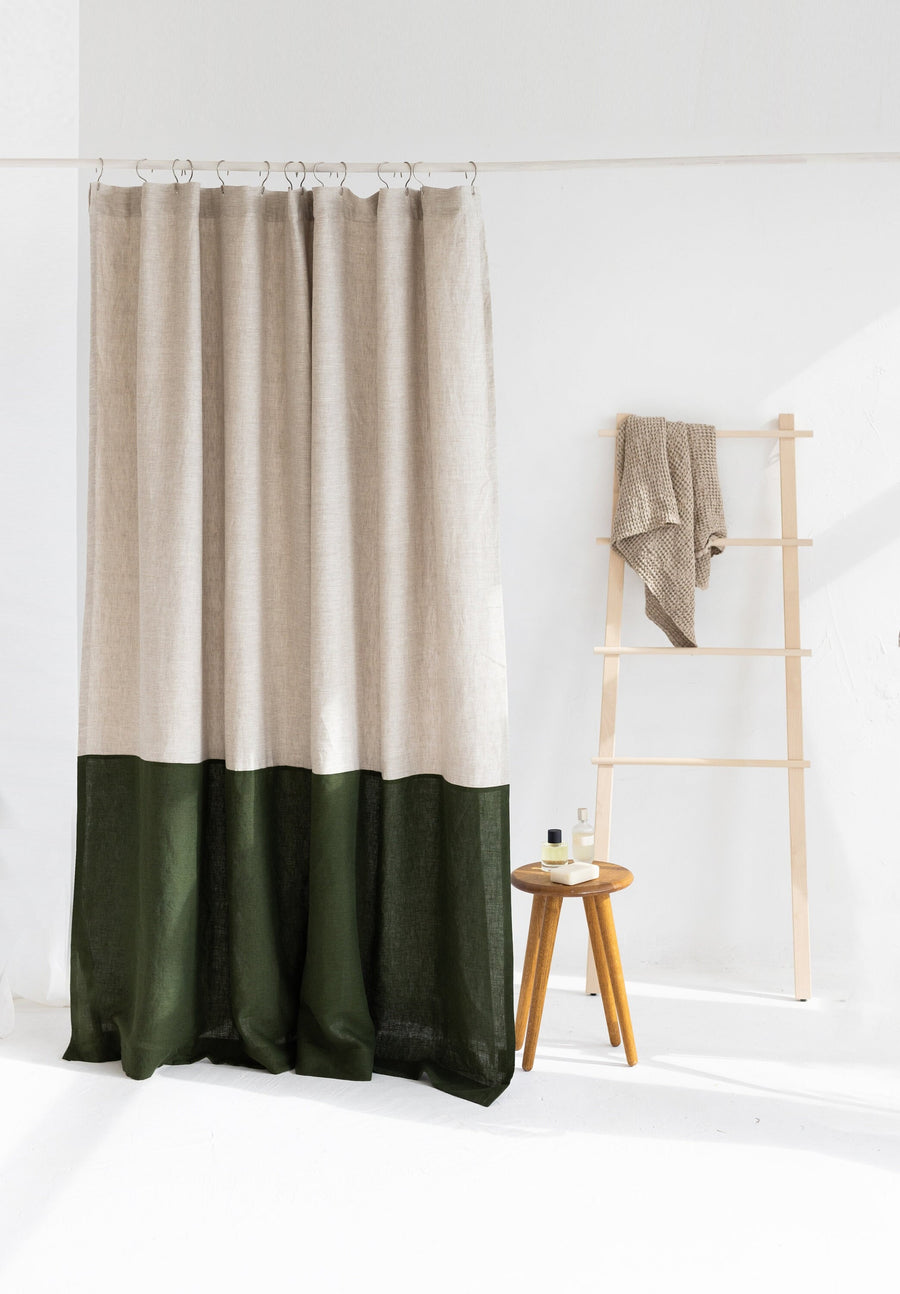 Waterproof Natural Light and Dark green Linen Shower Curtain