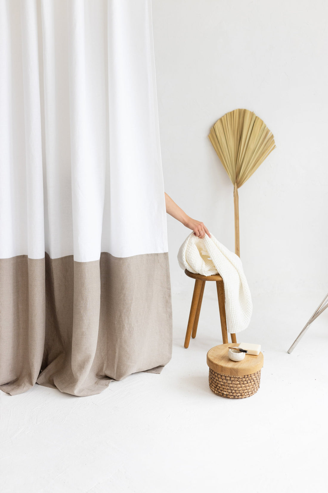 Waterproof White and Natural Linen Shower Curtain