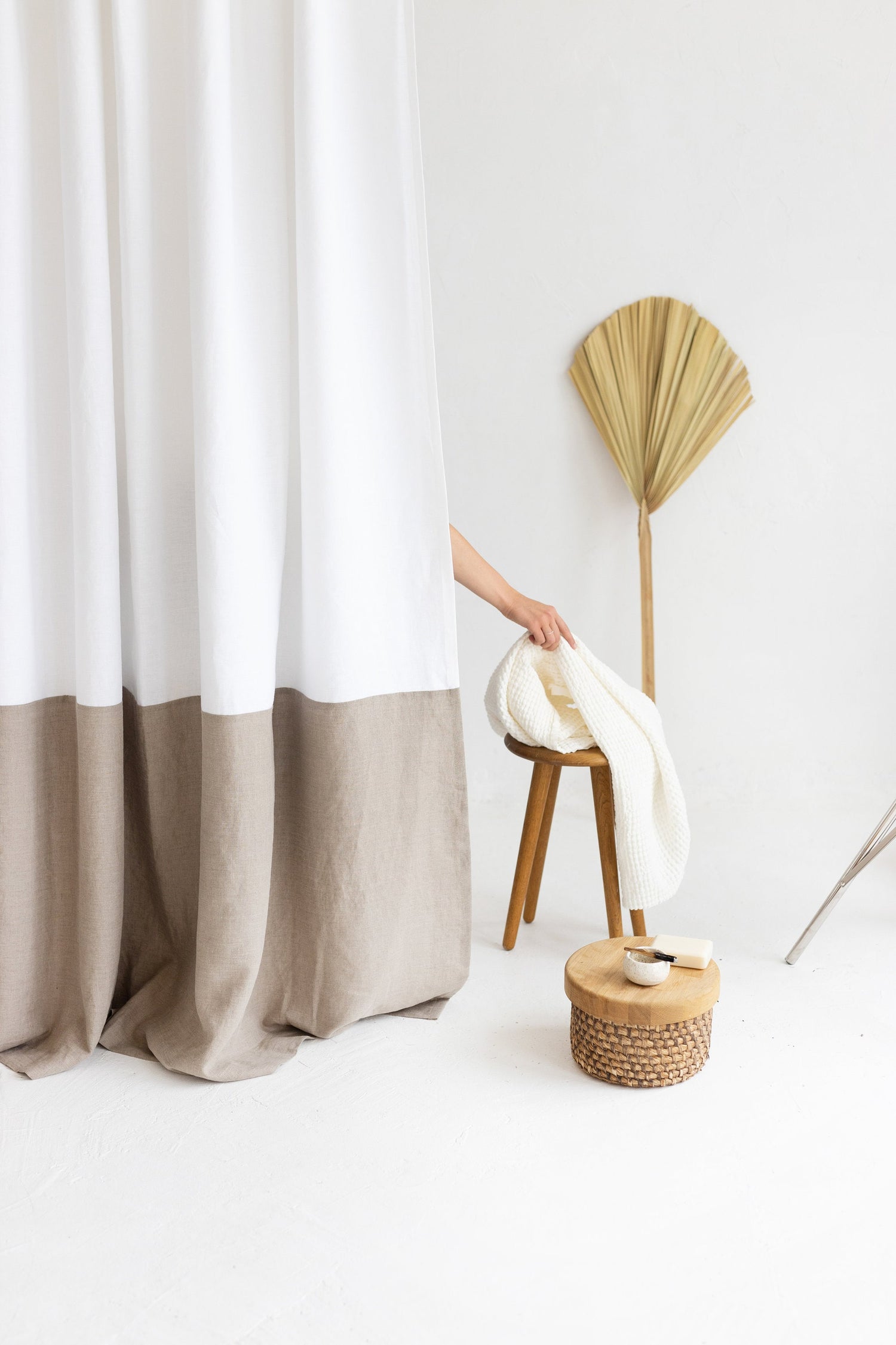 Waterproof White and Natural Linen Shower Curtain