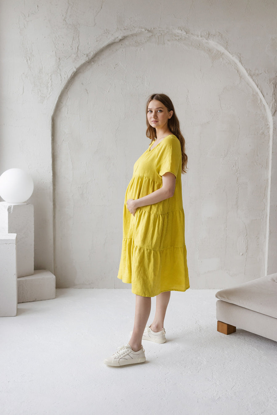 Chartreuse Yellow Linen Maternity Dress