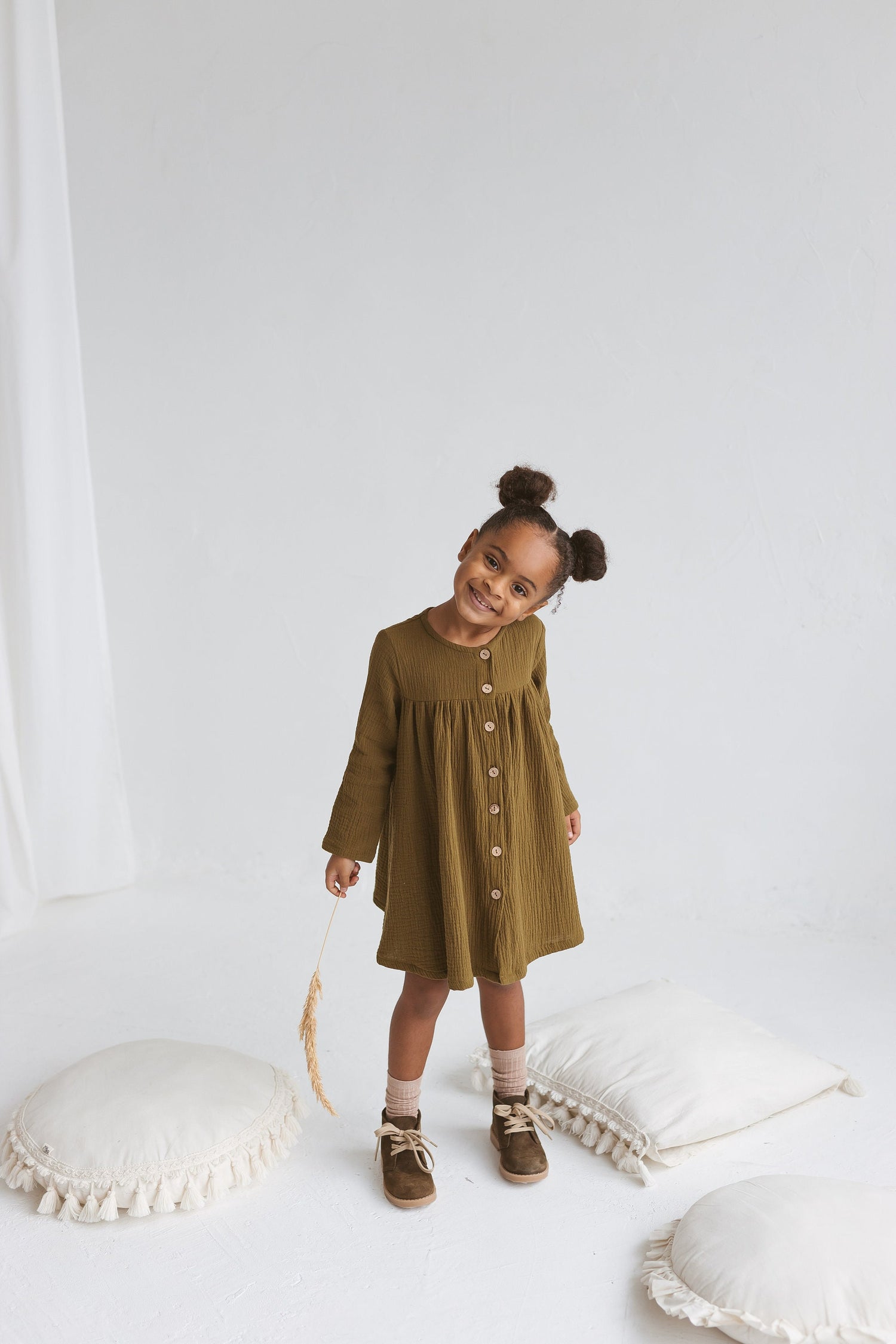 Olive Green Muslin Girls Dress