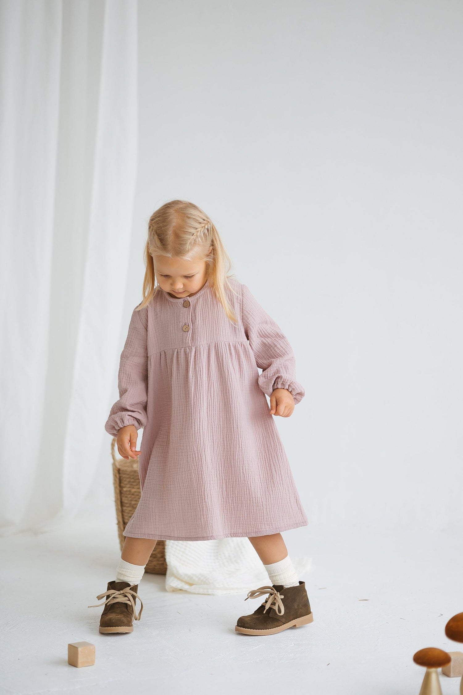 pink muslin dress Ruched muslin midi dress in pink