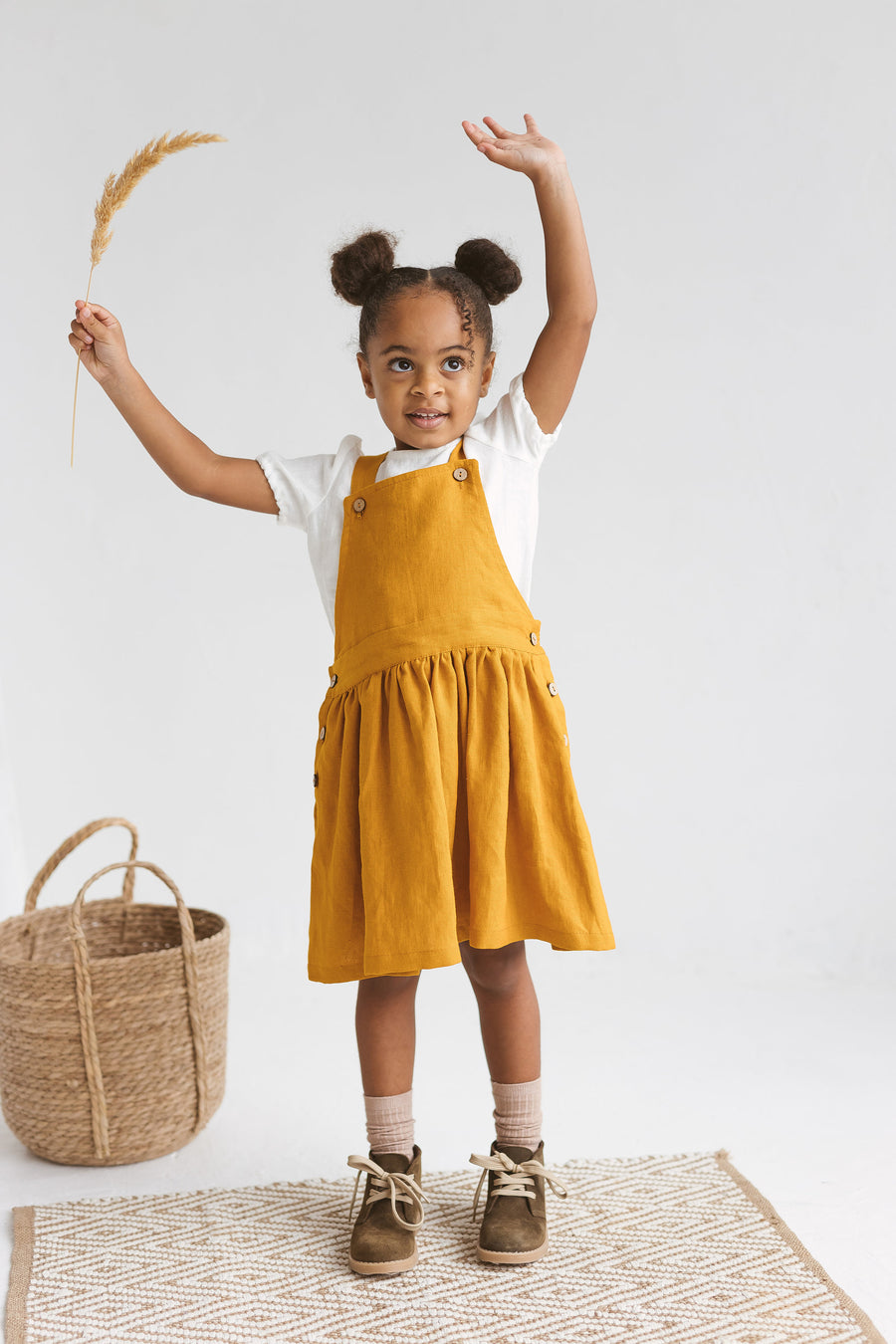 Mustard Girls Linen Pinafore Dress