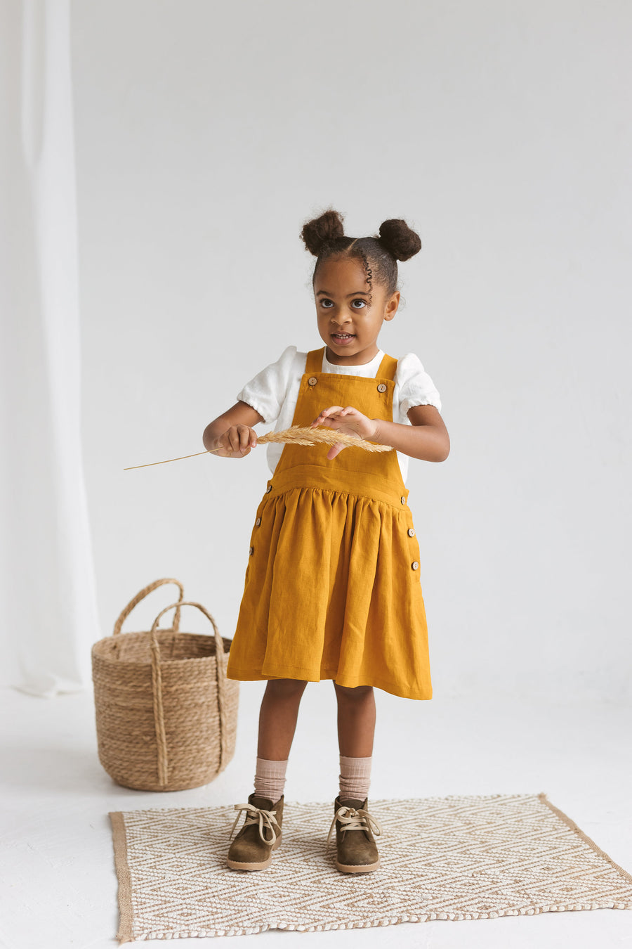 Mustard Girls Linen Pinafore Dress