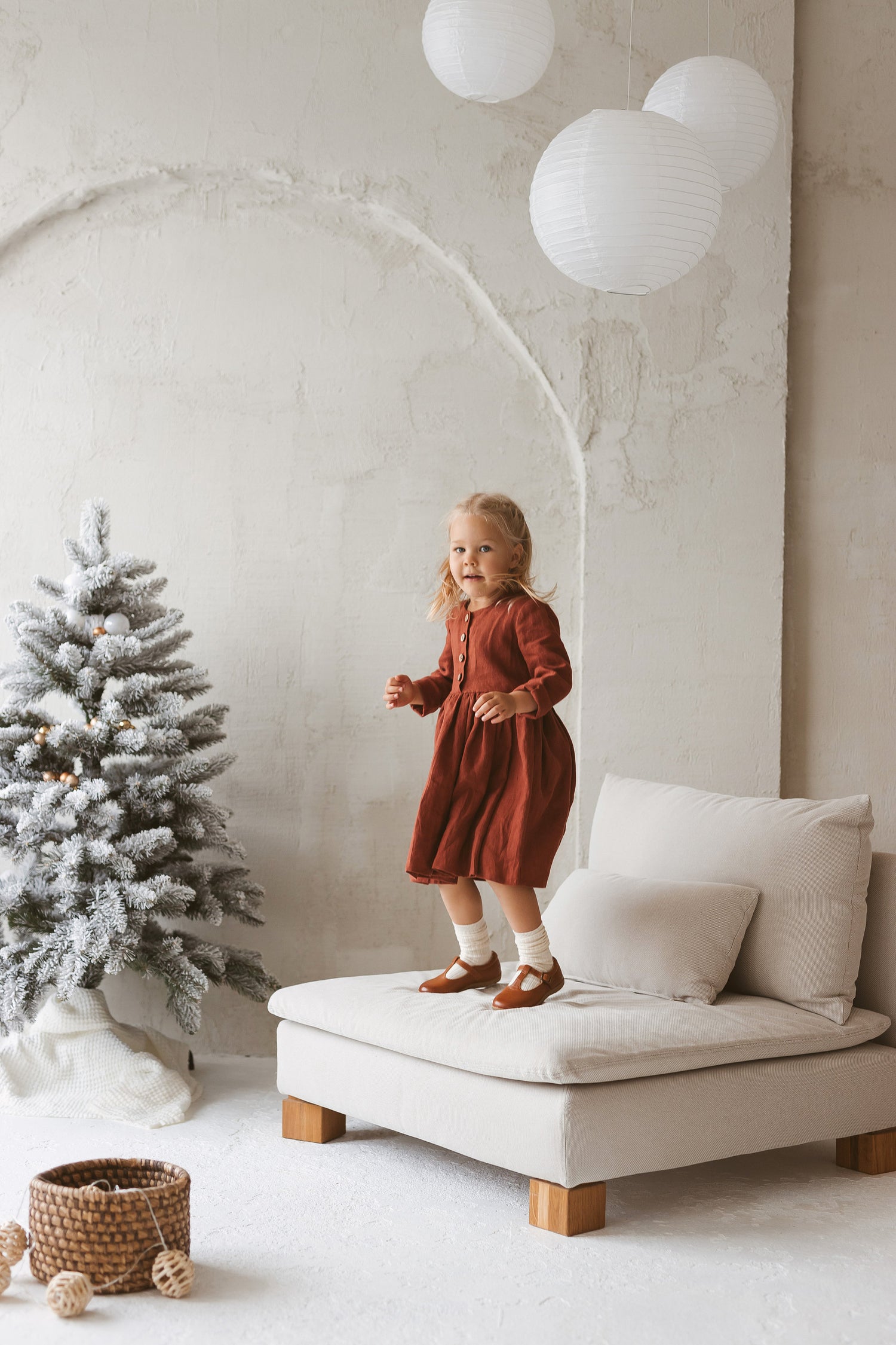 Girls Rusty Linen Dress With Buttons