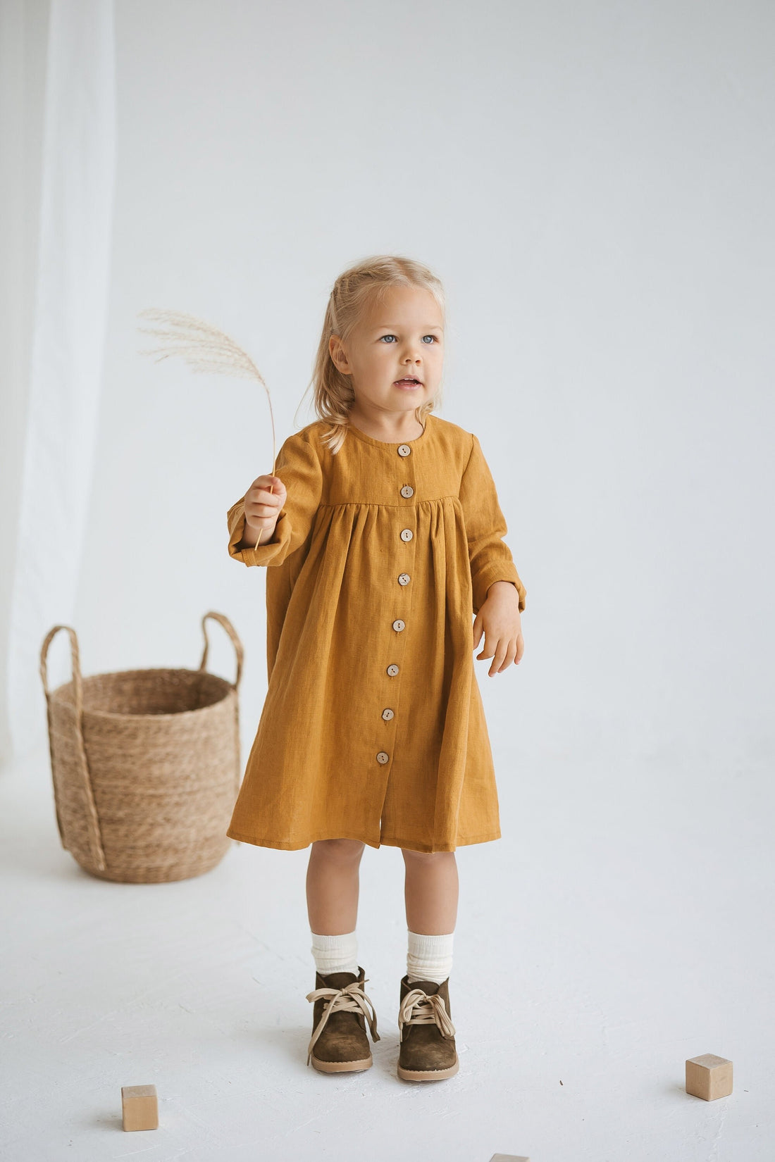 Girls Linen Dress With Buttons