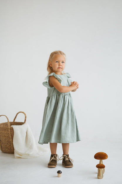 Sage Linen Girls Dress