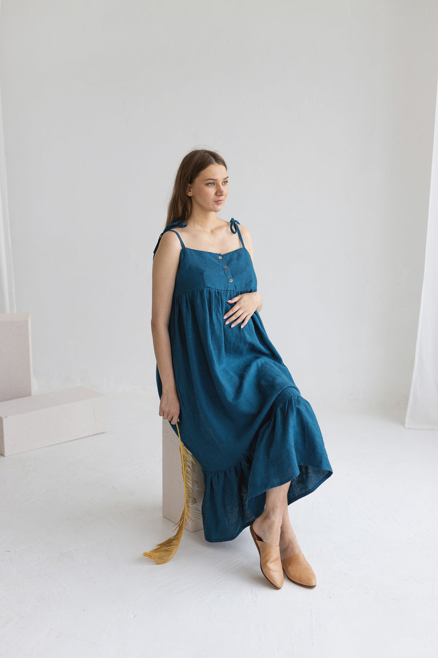 Dark Teal Linen Maternity Dress
