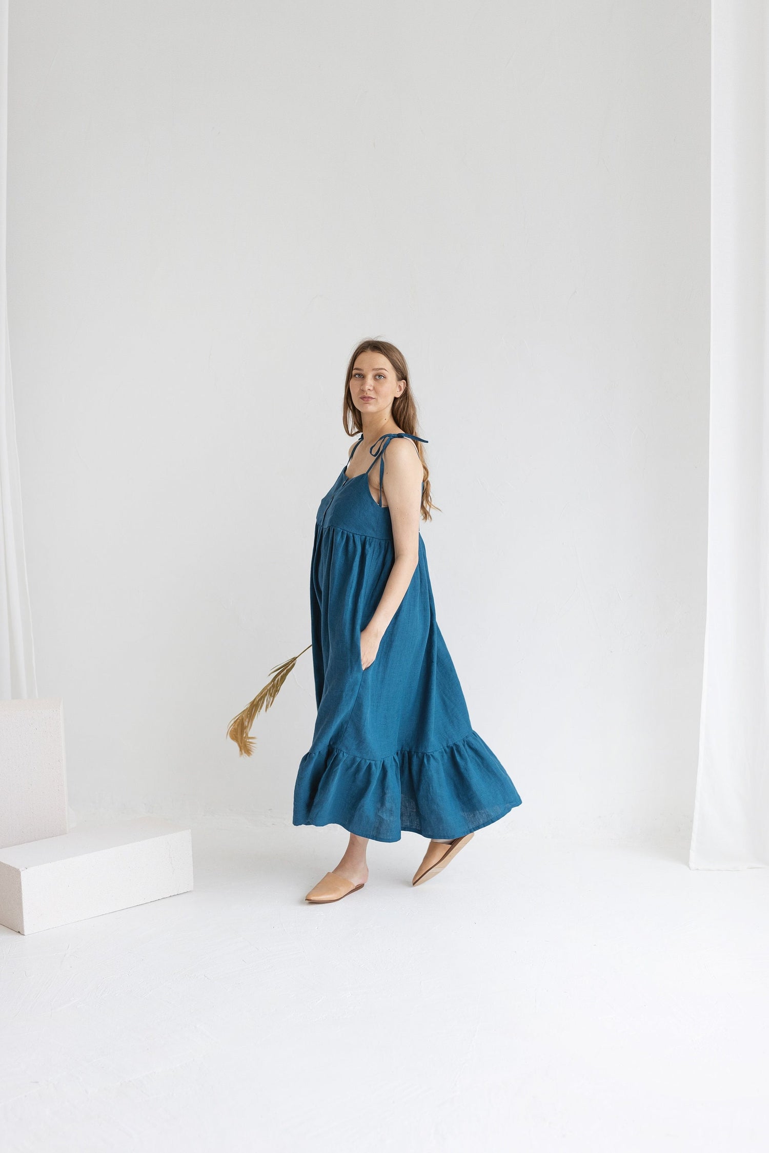 Dark Teal Linen Maternity Dress