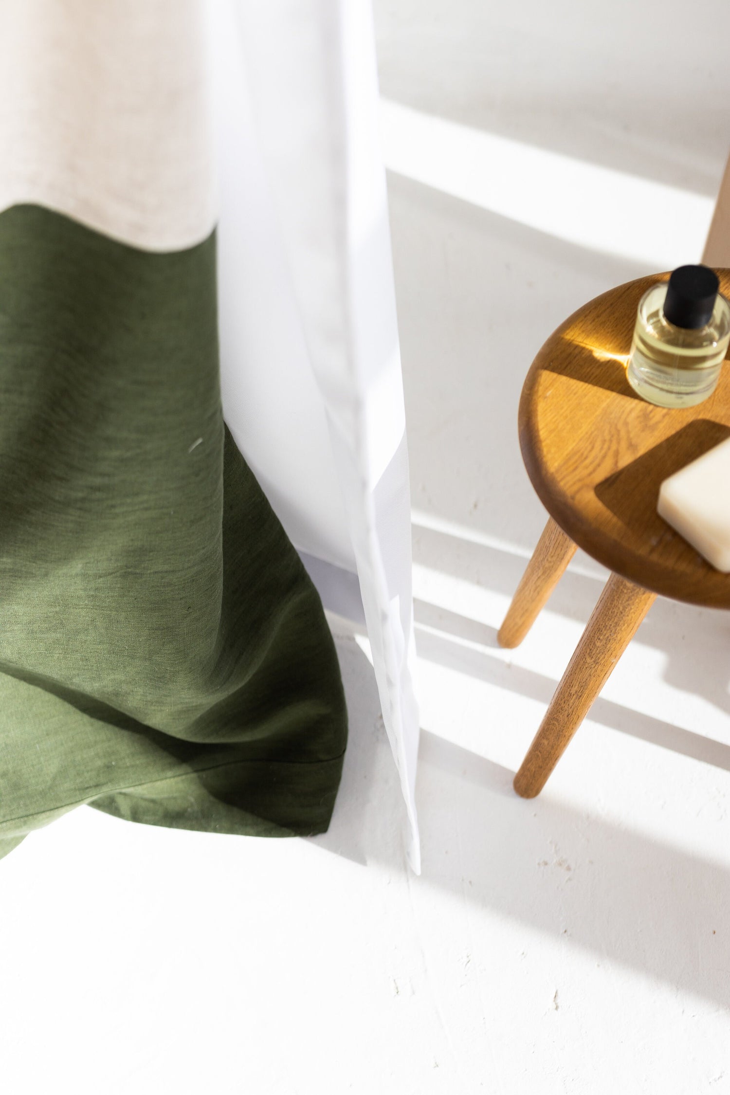 Waterproof Natural Light and Dark green Linen Shower Curtain