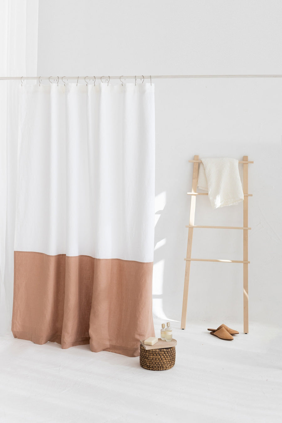 Waterproof White and Peach Linen Shower Curtain