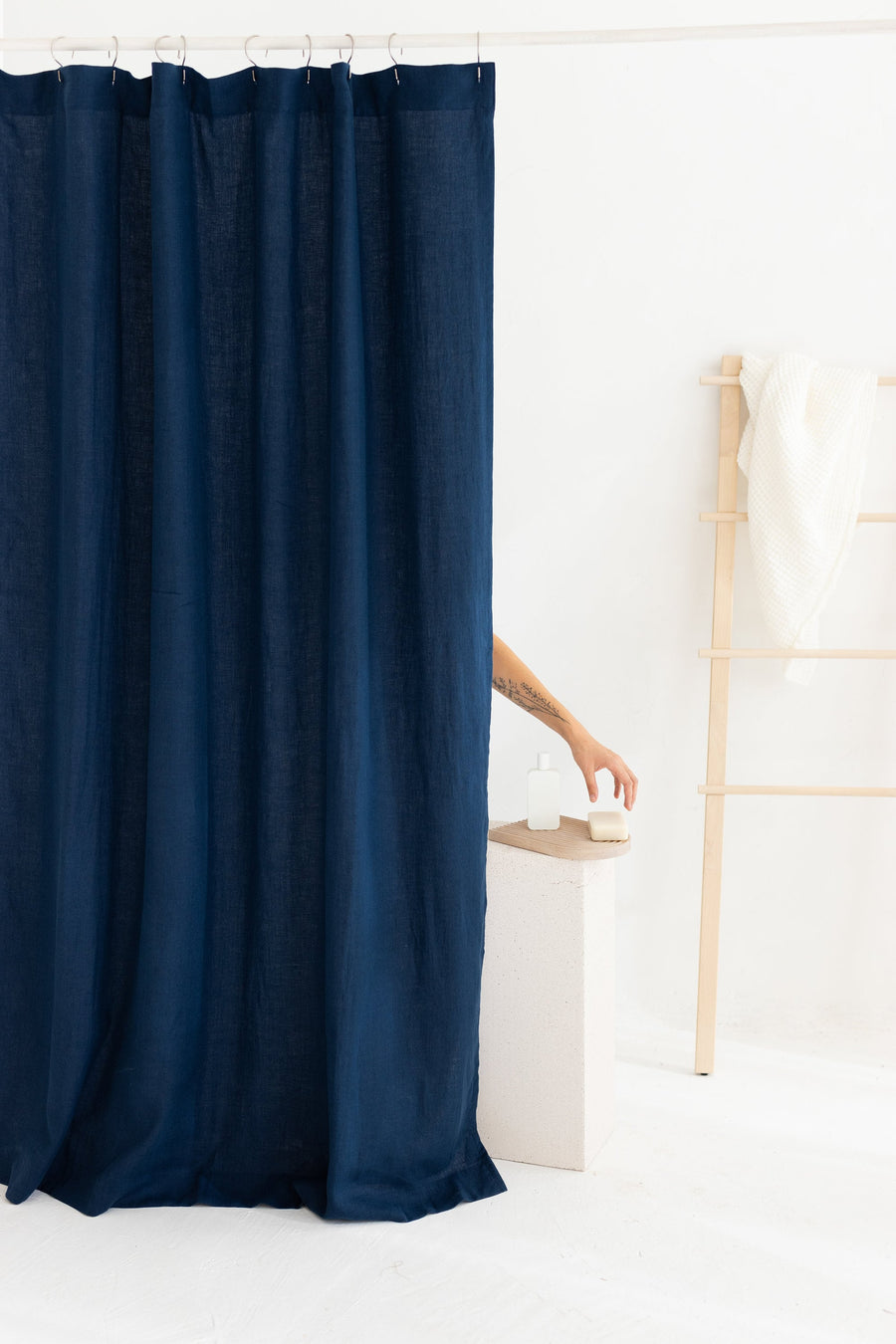 Waterproof Steel Blue Linen Shower Curtain 140CM / 55'' WIDTH