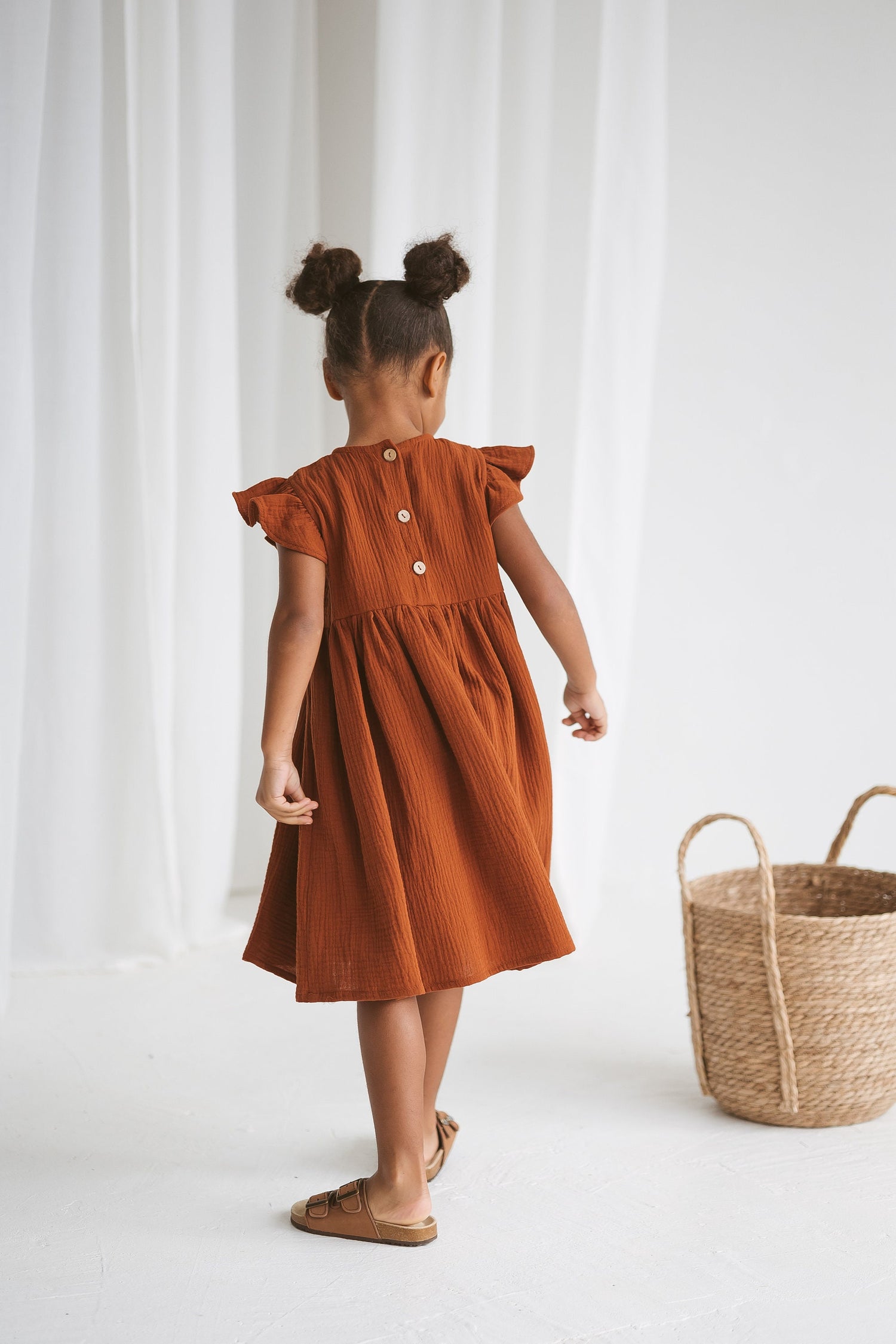 brown muslin dress NINE brown tone flowers muslin silk fluid shirred dress Maisoncleo