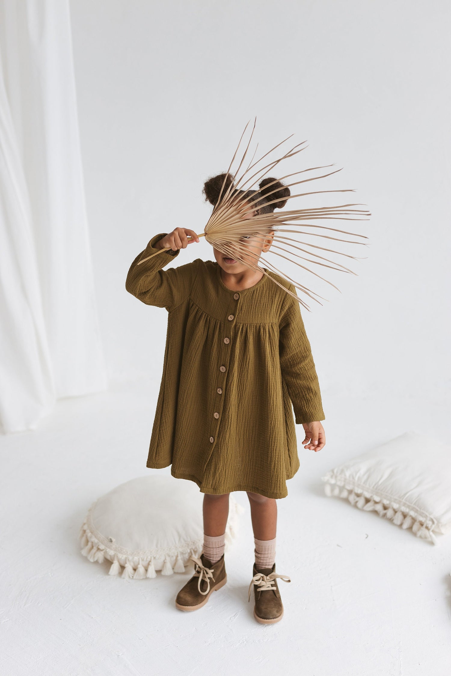 Olive Green Muslin Girls Dress