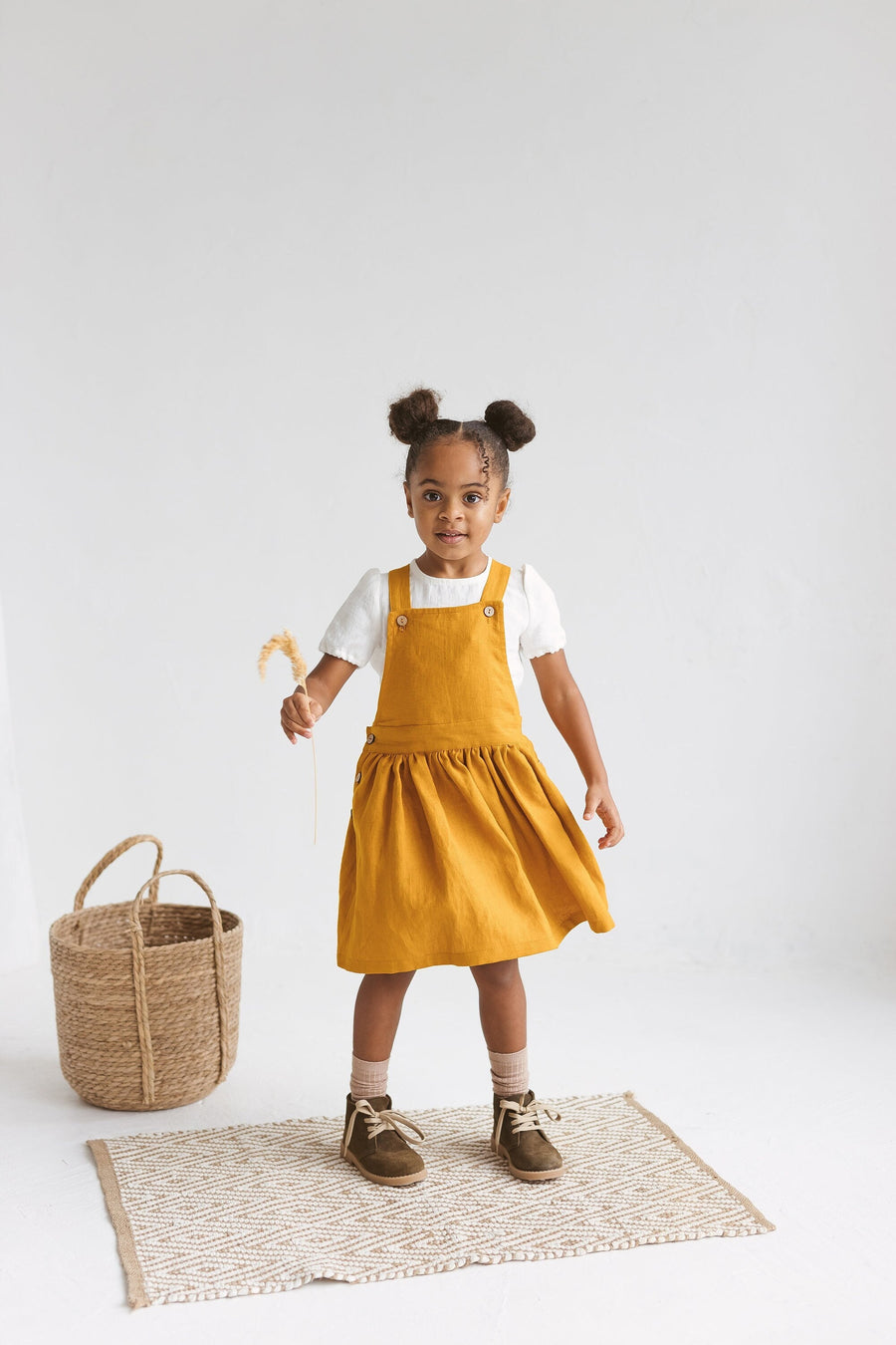 Mustard Girls Linen Pinafore Dress