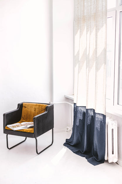 86.6&quot;/220 cm width Natural light and Dark teal Color Block Linen Curtain
