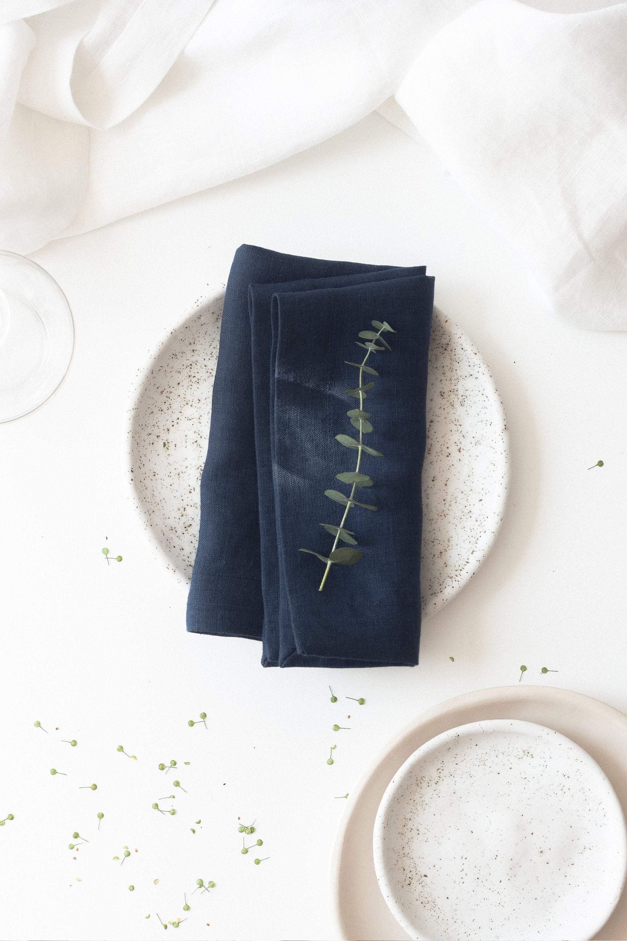 Steel Blue Linen Napkins Set Of 2 Mitered Corners Sand Snow Linen