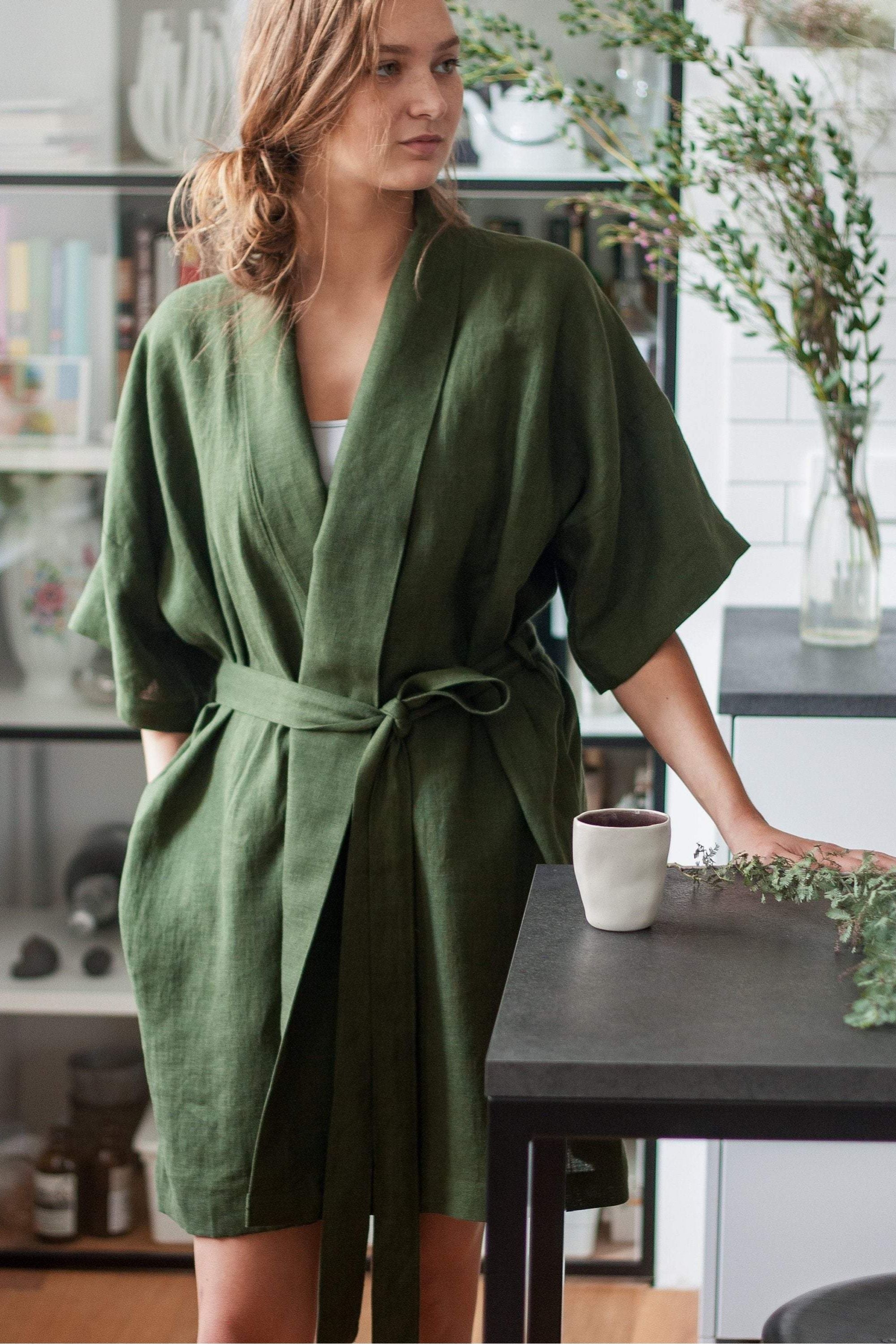 Dark Green Linen Robe | SAND SNOW LINEN – Sand Snow Linen