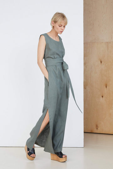 Safari Green Long Linen Dress