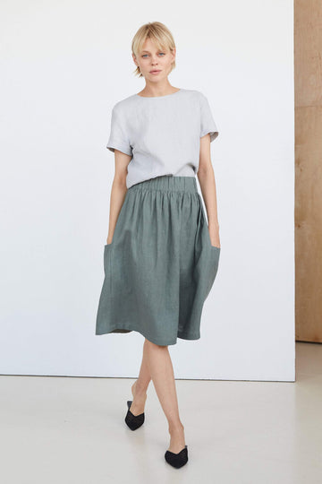 Dark Green Linen Skirt With Pockets