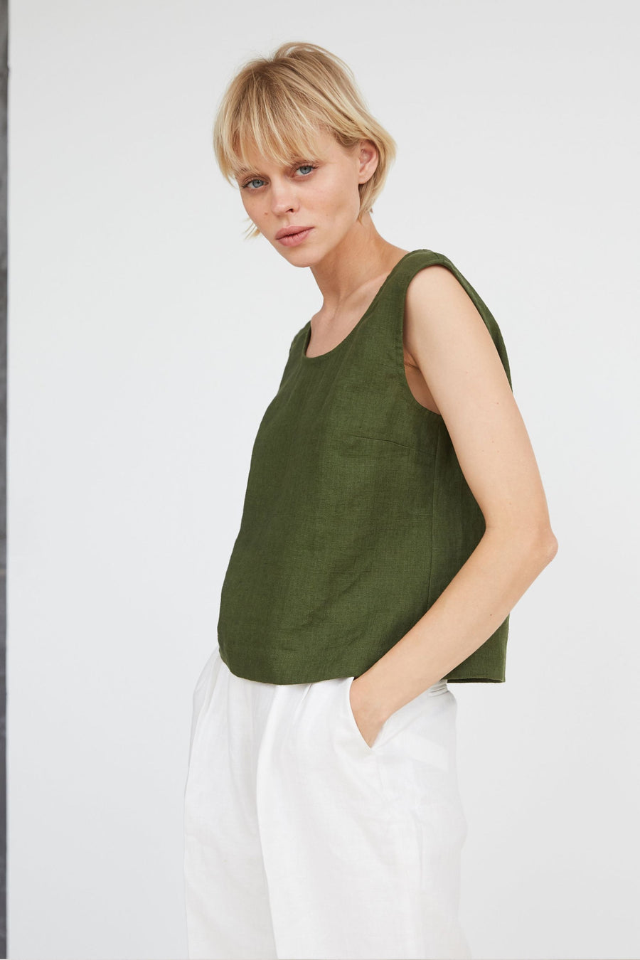 Dark Green Linen Crop Top