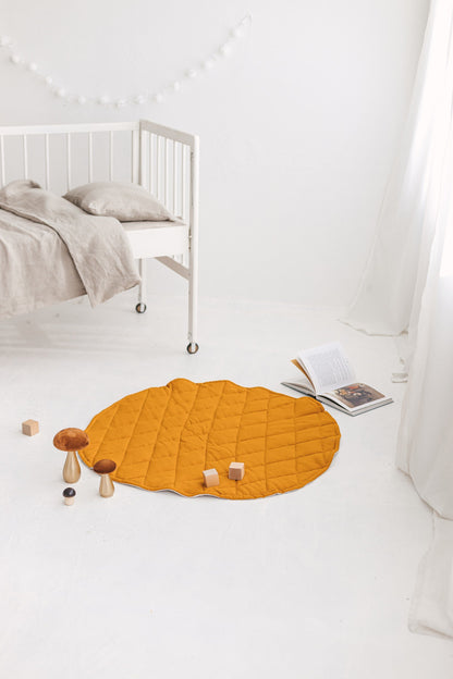 Mustard Natural Light Round Linen Quilted Rug