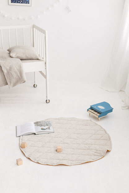 Mustard Natural Light Round Linen Quilted Rug