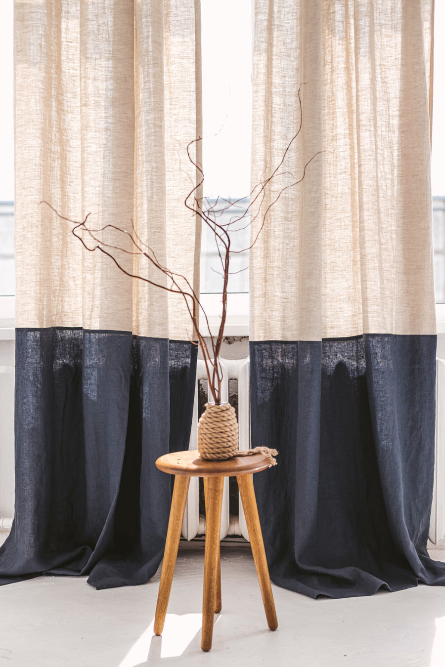 Natural light and Dark teal Color Block Linen Curtain